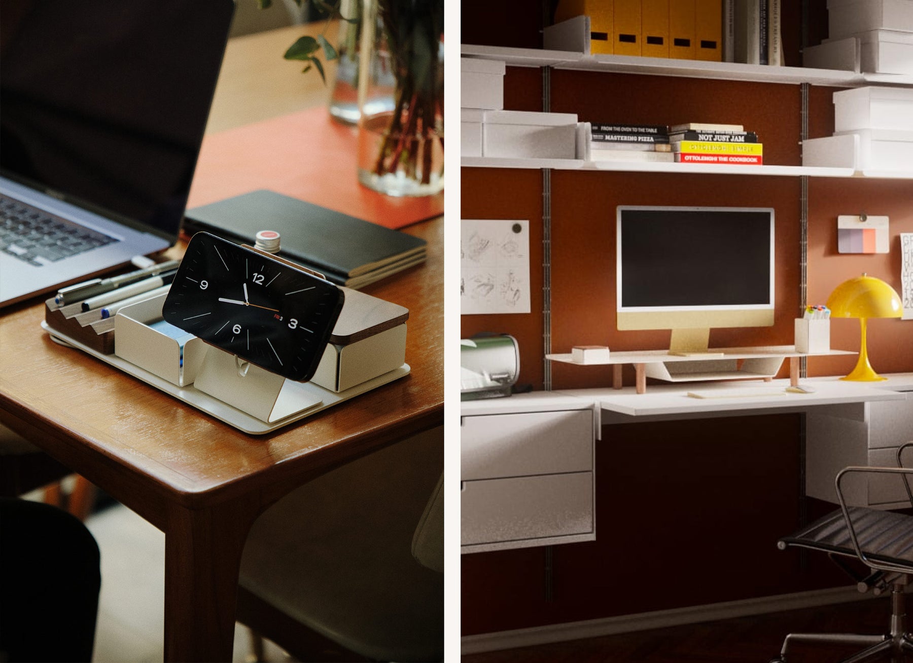 Split image: Left side shows a tidy desktop organizer with an iPhone displaying a clock, pens, and notepads. Right side shows a modern home office setup with a computer, shelves, lamp, books, and a chair.