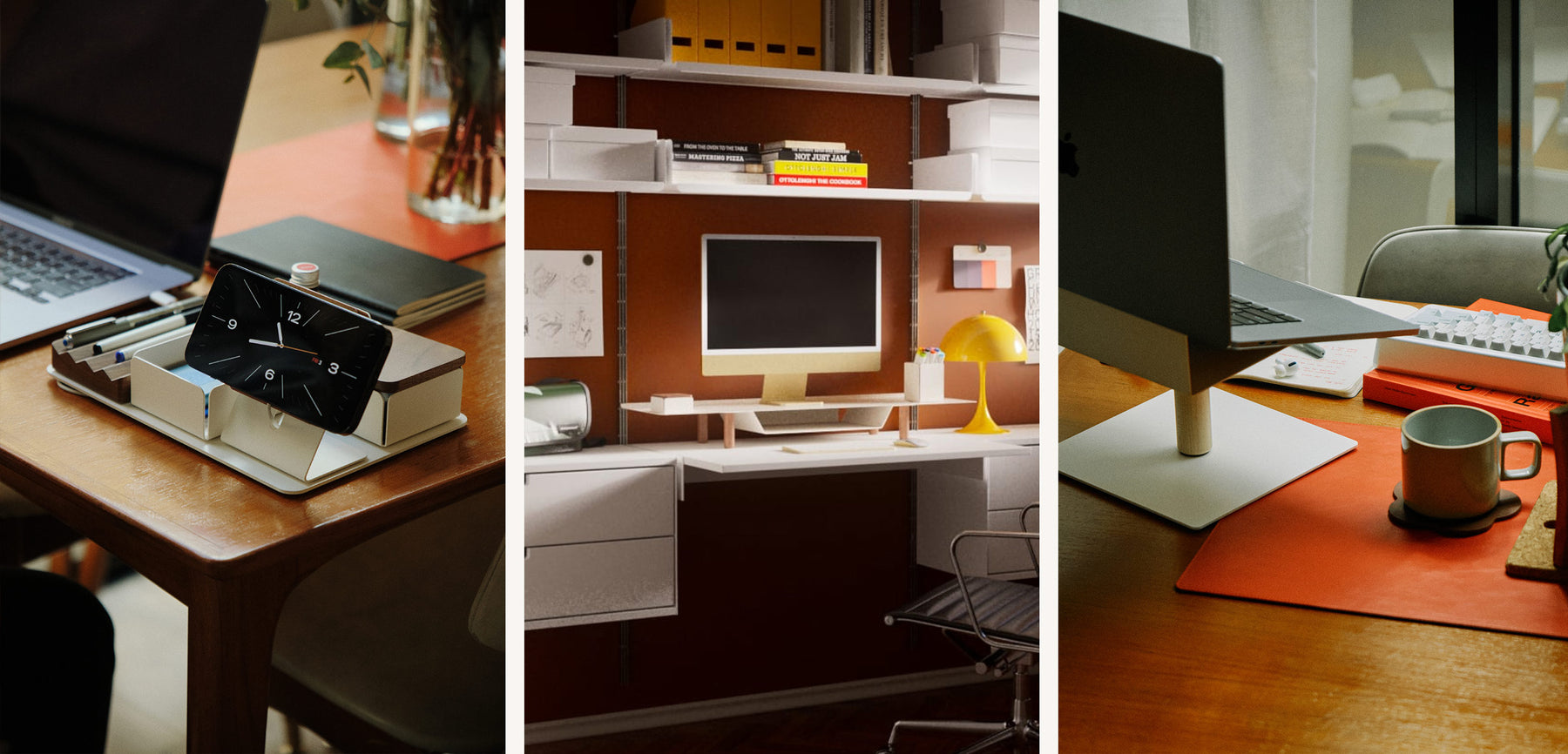 A collage of three modern workspaces: a desk with a digital clock and laptop, a minimalist desk with a computer and yellow lamp, and a desk with a raised laptop stand, coffee cup, and keyboard.