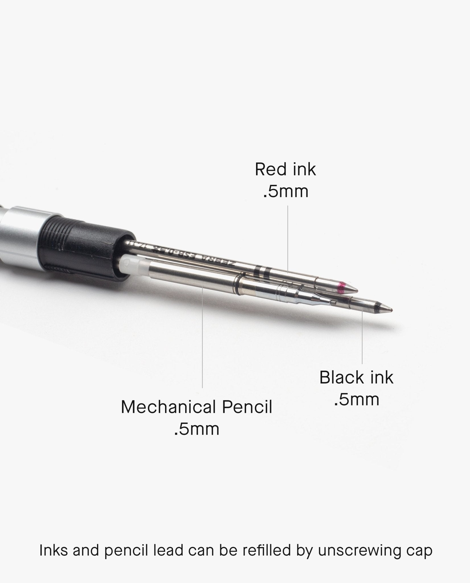 Three Pen Refills (Craft Design Technology Multifunctional Pen) are included: a 0.5mm red ink refill, a 0.5mm black ink refill, and a 0.5mm mechanical pencil lead refill—offering convenient multifunction pen replacements. A note indicates that both the ink refills and pencil lead can be easily replaced by unscrewing the cap.