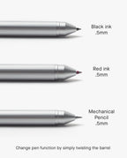Here’s a rewritten version using your product data: Three silver barrels, each equipped with a black ink pen, red ink pen, and 0.5mm mechanical pencil—all in one. Twist the barrel to switch between functions effortlessly. Designed for compatibility with Pen Refills (Craft Design Technology Multifunctional Pen), these writing instruments blend versatility and sophistication.
