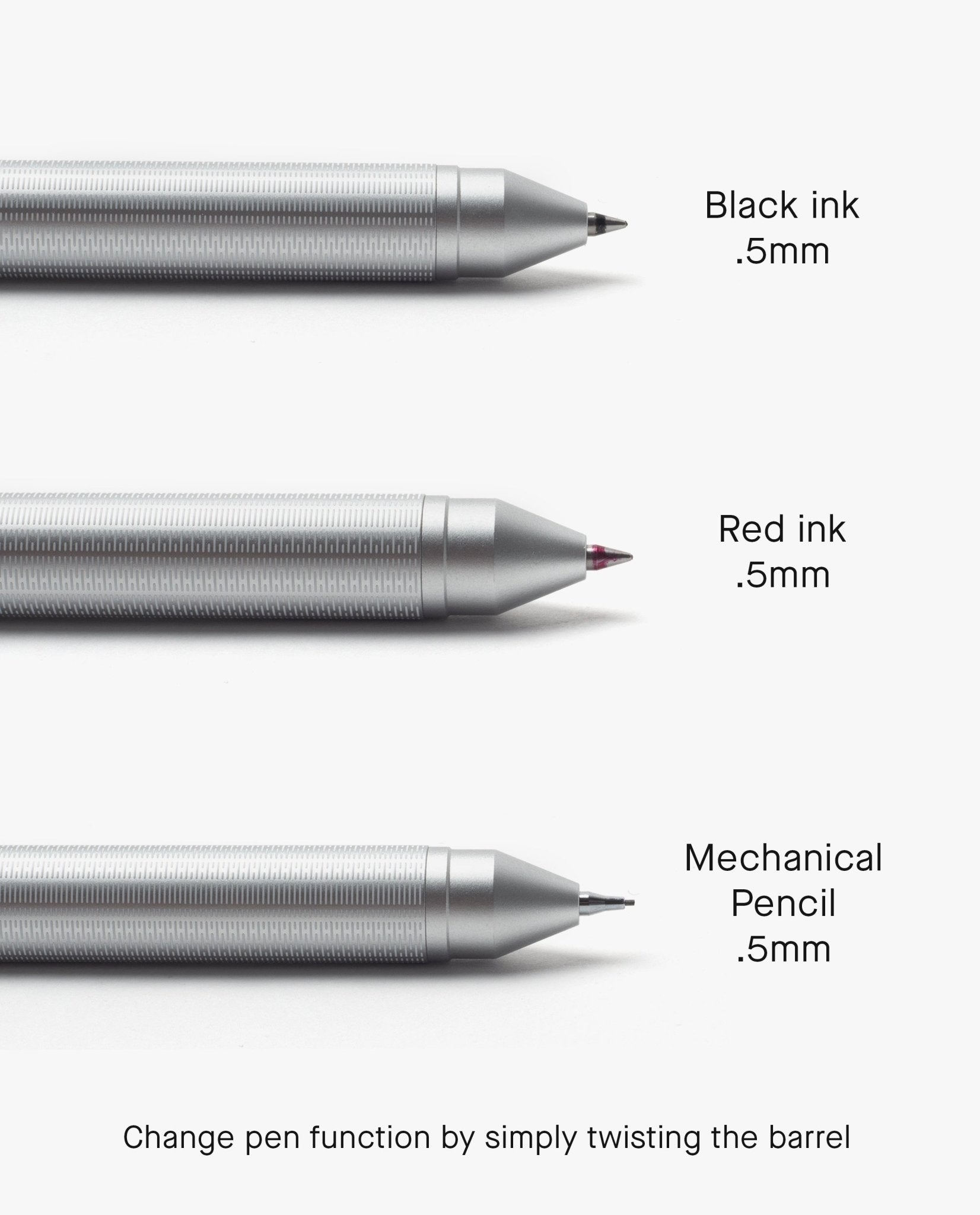 Here’s a rewritten version using your product data: Three silver barrels, each equipped with a black ink pen, red ink pen, and 0.5mm mechanical pencil—all in one. Twist the barrel to switch between functions effortlessly. Designed for compatibility with Pen Refills (Craft Design Technology Multifunctional Pen), these writing instruments blend versatility and sophistication.