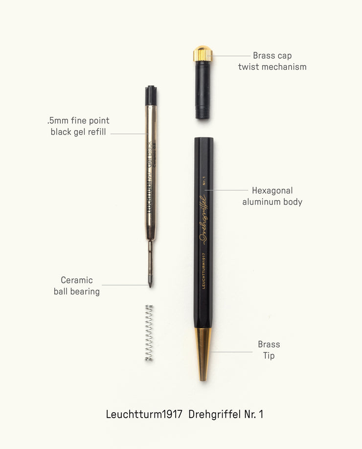 An exploded view of The Analog Bundle (Walnut) pen reveals its labeled parts: brass cap, hexagonal aluminum body, black gel refill, ceramic ball bearing, spring, and brass tip—an essential for any analog enthusiast.