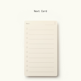 The Analog Premium Starter Kit (Walnut) includes a blank notecard titled Next with numbered lines for tasks. "Next Card" appears above, and instructions below explain its use as a task organizer to help you efficiently fill out your Today card.