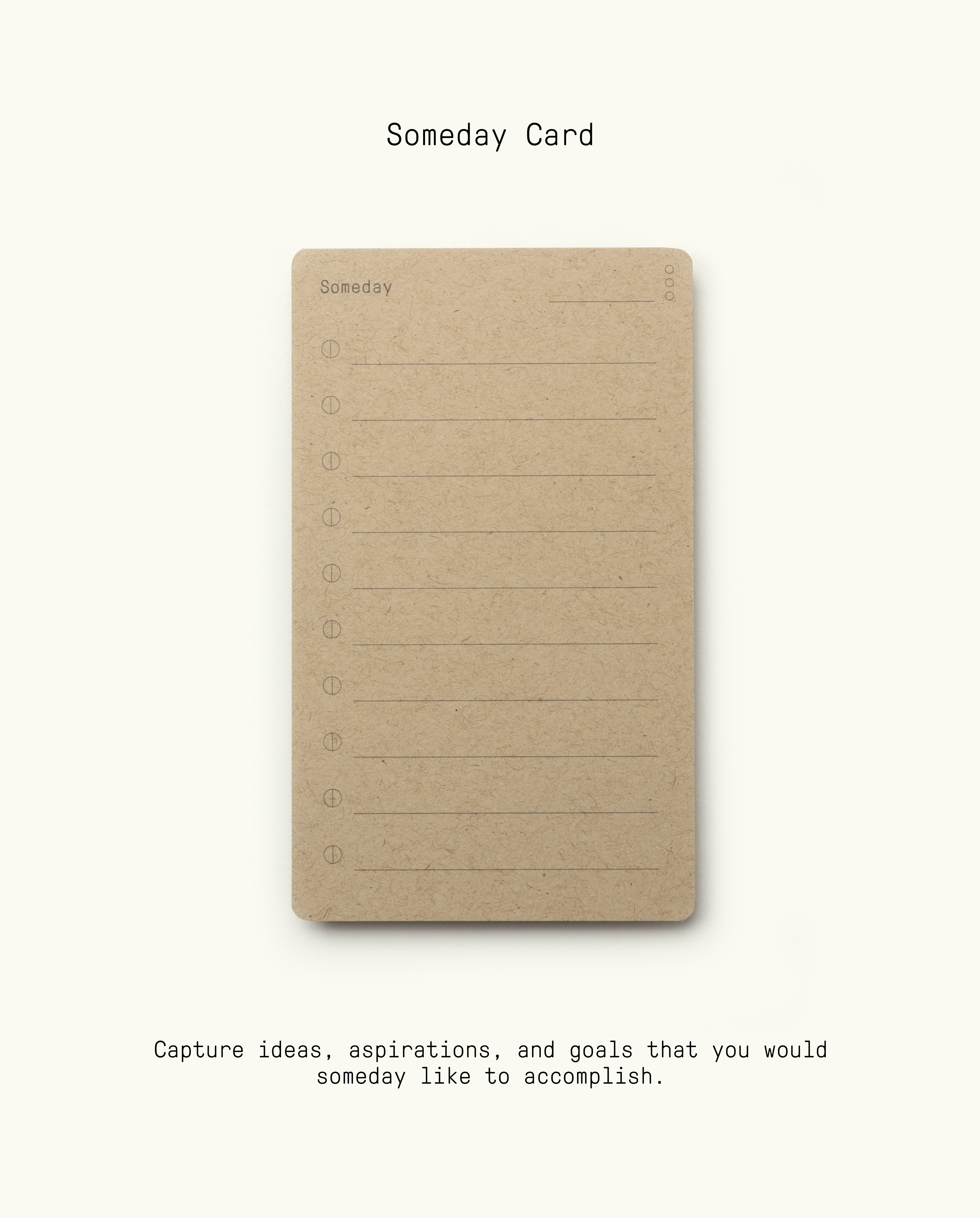 A brown notecard labeled “Someday” with numbered lines, part of the Analog Premium Starter Kit (Walnut). Ideal for capturing ideas, aspirations, and goals to achieve someday in your productivity system or card holder.