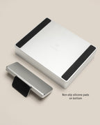 Analog Archive (Silver Aluminum) rectangular storage box and matching lid, serving as an analog card organizer with black non-slip silicone pads on the bottom.