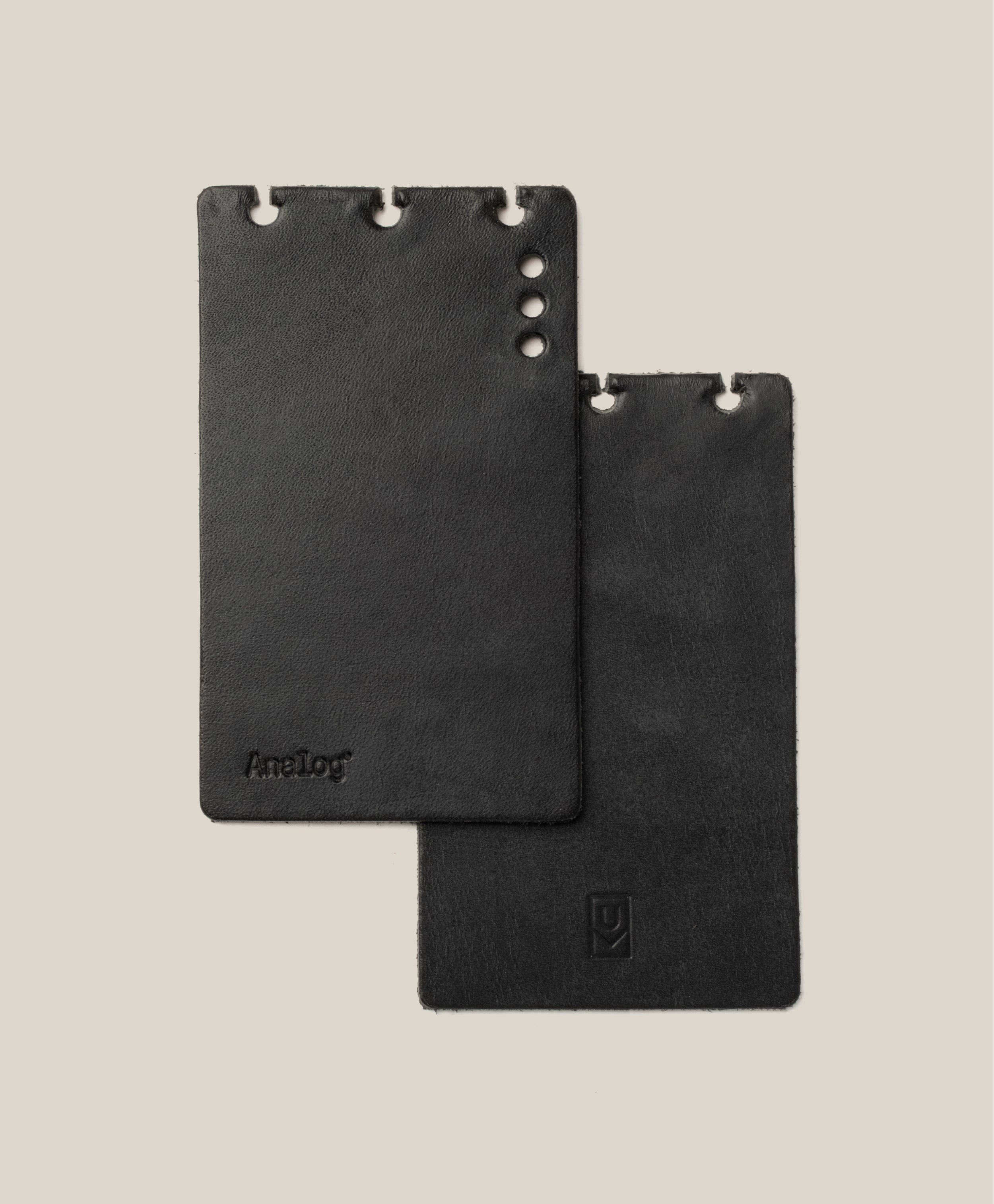 *Covers Only* – Leather Discbound Analog (Black): This set includes two rectangular, black full-grain leather covers with rounded corners and three top-edge holes for your Discbound Analog system. One features the Analog logo; the other has a small square logo at the bottom.