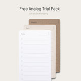 The Analog Trial Pack includes three types of 3x5 cards—Today, Next, and Someday—stacked on a light background. Try it free on premium card stock (just pay $4.95 shipping). Card quantities are shown below.