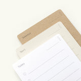 The Analog Trial Pack includes three 3x5 notepads—Today (white), Next (cream), and Someday (brown)—each stacked diagonally and made from premium card stock with lines and checkboxes on a light background.