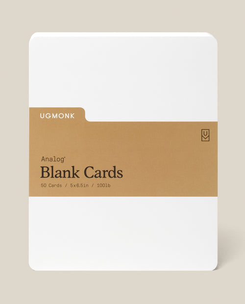 Analog Blank Cards - Large: 50 white, 5x8.5 inch cards made from premium uncoated cardstock, wrapped with a brown paper band featuring branding and product details.