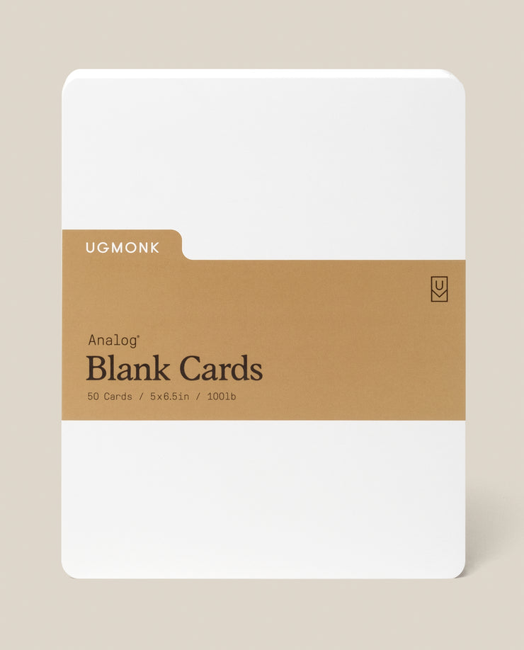 Analog Blank Cards - Large: 50 white, 5x8.5 inch cards made from premium uncoated cardstock, wrapped with a brown paper band featuring branding and product details.