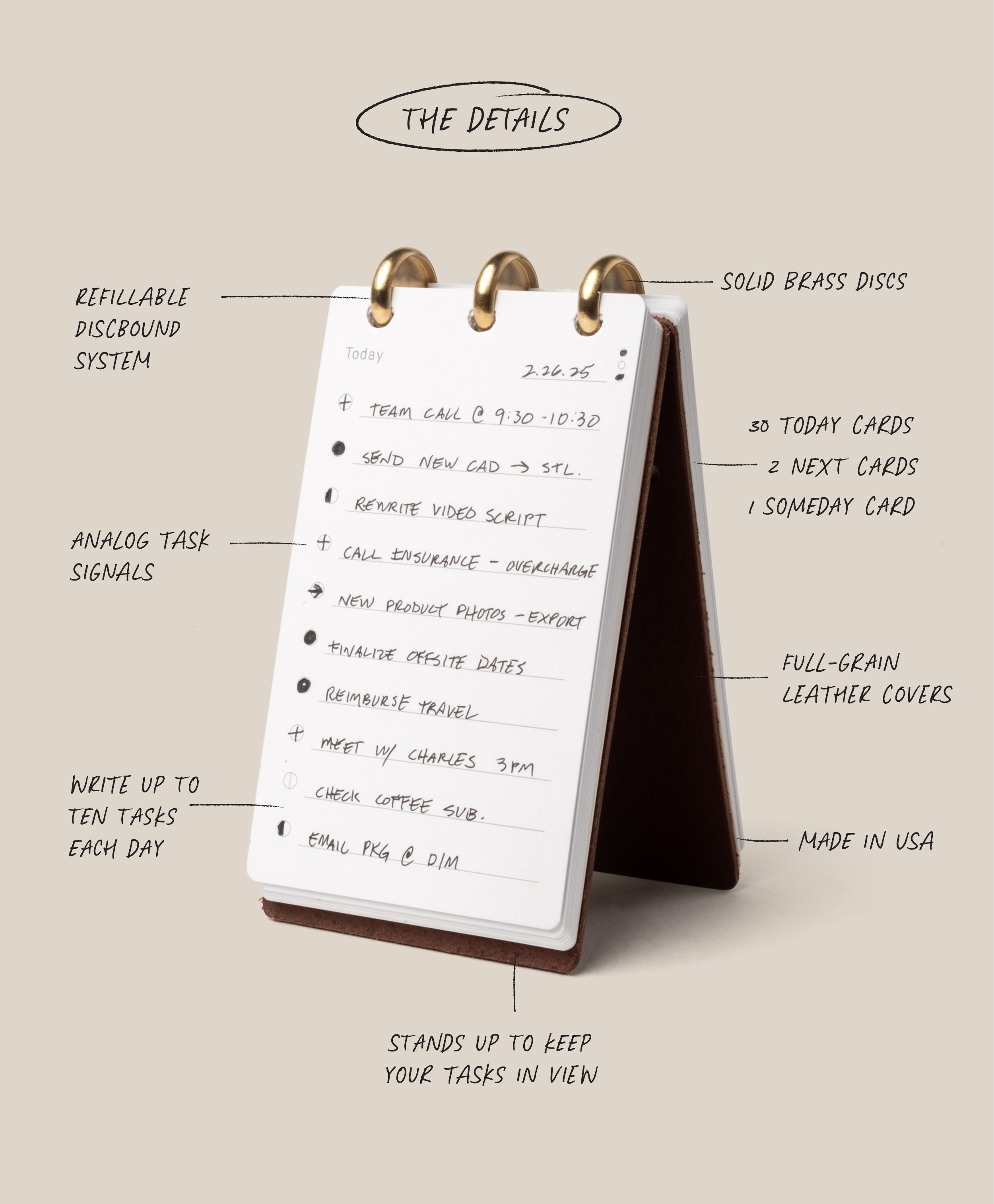 A compact, stand-mounted Leather Discbound Analog (Brown) notepad with handwritten tasks is shown. Annotations indicate features such as its discbound analog construction, solid brass discs, full-grain leather covers, use of Analog Task Cards for writing up tasks, analog cues for organization, and that it’s made in the USA.