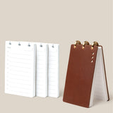 The Leather Discbound Analog + 3 Refills (Brown) is shown open to blank pages, with three stacks of daily planner sheets labeled “Today” nearby, all set against a beige background.