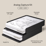 The Analog Capture Kit - 2 Large (Black Aluminum) is a stackable aluminum tray set holding large 5" x 6.5" cards, including dot grid cards. It features an angled lip, card stock divider, anodized finish, and measures 5.31" x 6.8" x 2.46".
