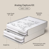 The Analog Capture Kit - 2 Large (Silver Aluminum) is a stackable set with two aluminum card trays, card stock dividers, dot grid cards, large cards, and an angled lip. Dimensions and key features are labeled in the image.