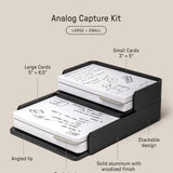 The Analog Capture Kit - Small & Large (Black Aluminum) includes two anodized black aluminum trays for 5 x 6.5" and 3 x 5" dot grid cards with handwritten notes. Features include an angled lip, card stock divider, and listed dimensions.