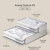 The Analog Capture Kit - Small & Large (Silver Aluminum) is a stackable aluminum tray that holds two sizes of index cards, including Dot Grid Cards, with an angled lip, card stock divider, and solid build. Size: 5.31 × 6.8 × 2.46".