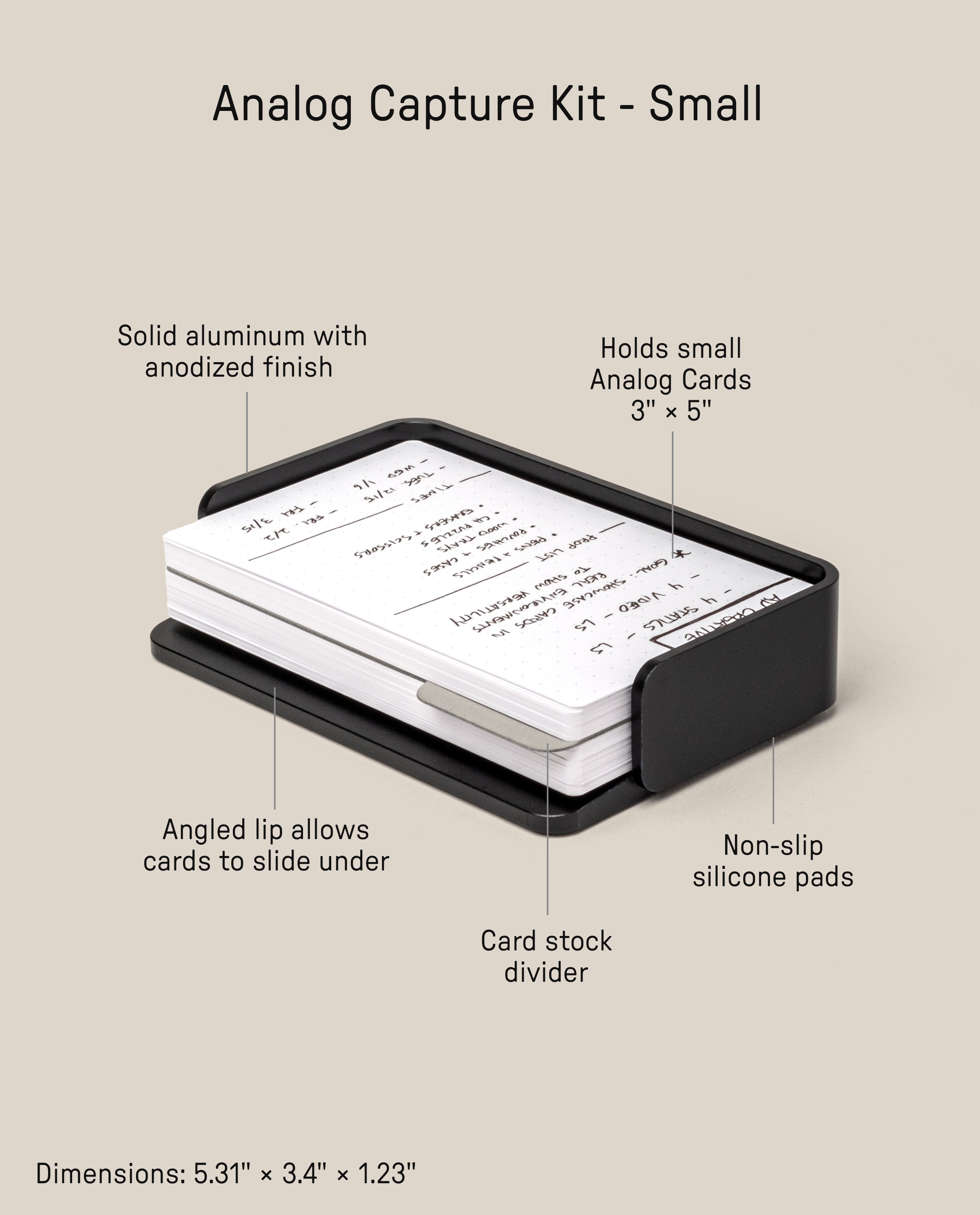 The Analog Capture Kit - Small (Black Aluminum) is a compact tray with Small Dot Grid Cards in a sturdy aluminum holder, featuring an angled lip, card stock divider, non-slip silicone pads, and text labels. Size: 5.31 × 3.4 × 1.23 inches.