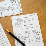 A black pen rests on a notepad with hand-drawn project diagrams, alongside Analog Dot Grid Cards - Large (12-Pack) and 100lb card stock, all arranged on a wooden desk scattered with notes and papers.