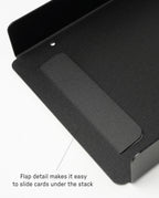 A close-up of the Capture Bundle (Small Tray + Large Tray - Black Steel) highlights a raised flap, with a label that reads: Flap detail makes it easy to slide Capture Cards under the stack.