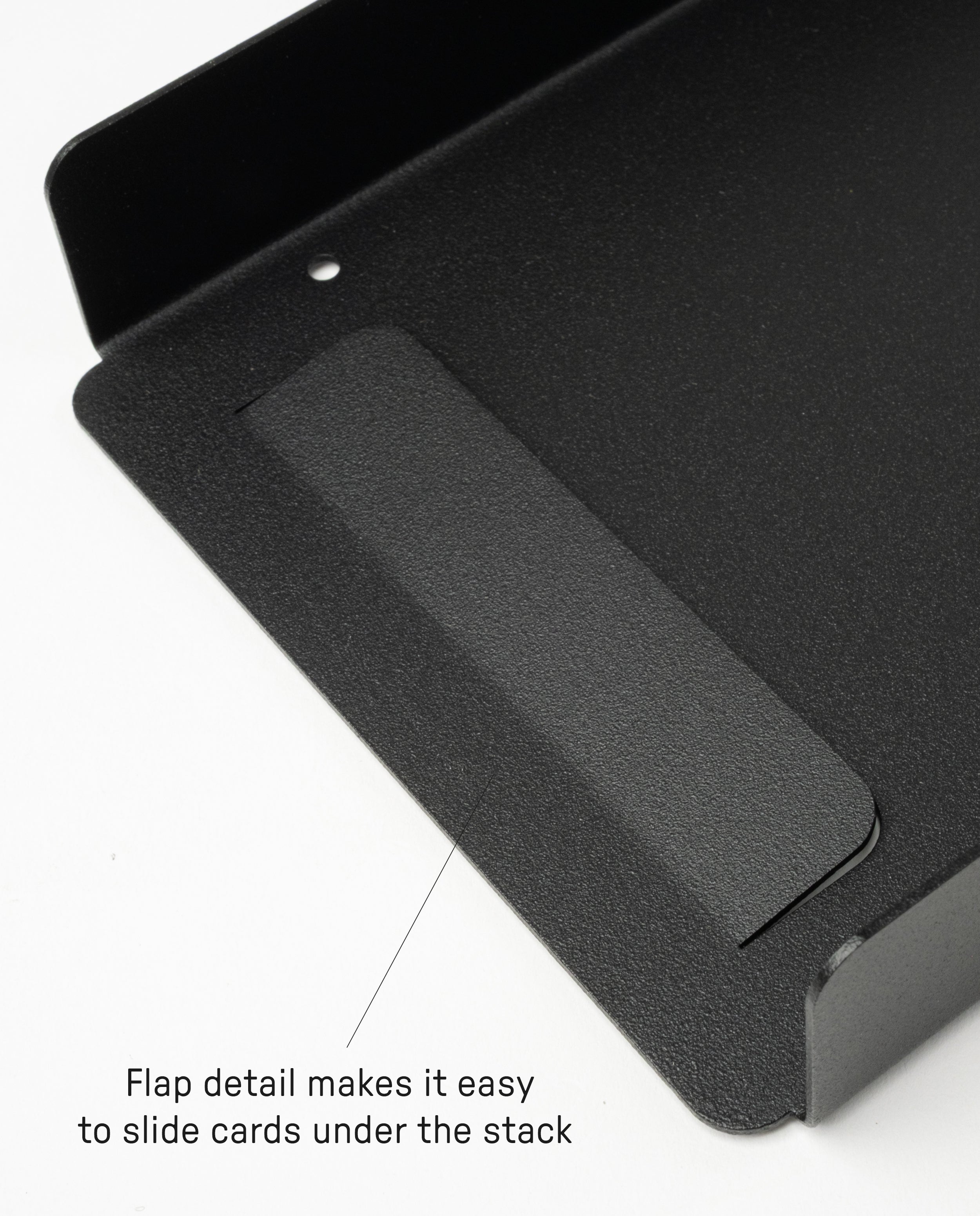 A close-up of the Capture Bundle (Small Tray + Large Tray - Black Steel) highlights a raised flap, with a label that reads: Flap detail makes it easy to slide Capture Cards under the stack.