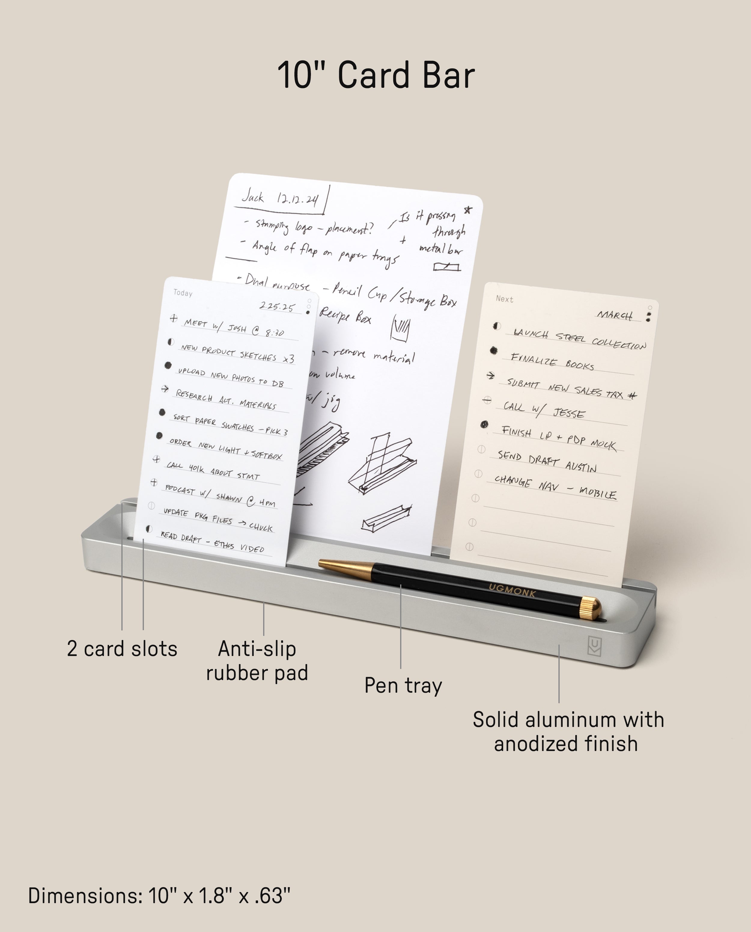 The Warehouse Item - Analog Card Bar (Small 10" - Silver) securely holds up to ten notecards upright. Key features include two card slots, an anti-slip rubber pad, a convenient pen tray (shown with a black pen resting inside), and a sturdy solid aluminum build. Its dimensions are 10" x 1.8" x 0.63". This item is part of our Warehouse Sale Items collection.