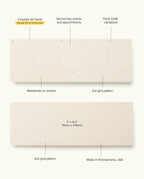 Two beige Analog Weekly Cards are shown—one with a labeled weekly planner layout and one blank. Annotations detail features and dimensions, showcasing these versatile essentials for analog planning.