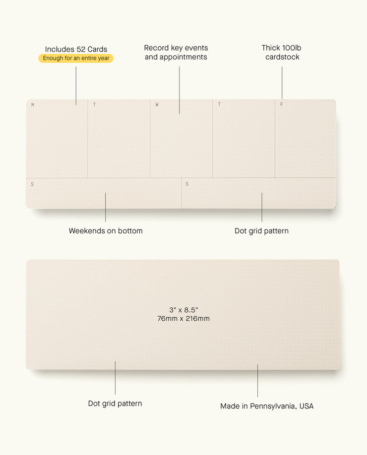 Two beige, rectangular Analog Weekly Planning Kit (Maple) cards with dot grids are shown. The top card features weekly sections; the bottom displays dimensions (3 x 8.5"). Labels highlight key features and USA manufacturing.