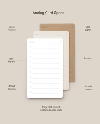The Analog Bundle (Walnut) includes three overlapping 3x5-inch notecards in brown, cream, and white—labeled Someday, Next, and Today—with rounded corners, task signals, offset printing on thick uncoated paper, fitting the Analog kit or walnut holder.