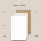 The Analog Daily Focus Kit (Walnut) features three stacked 3x5 inch cards labeled “Someday,” “Next,” and “Today” with task signals, three colors, rounded corners, offset printing, and thick uncoated paper—an analog productivity system.