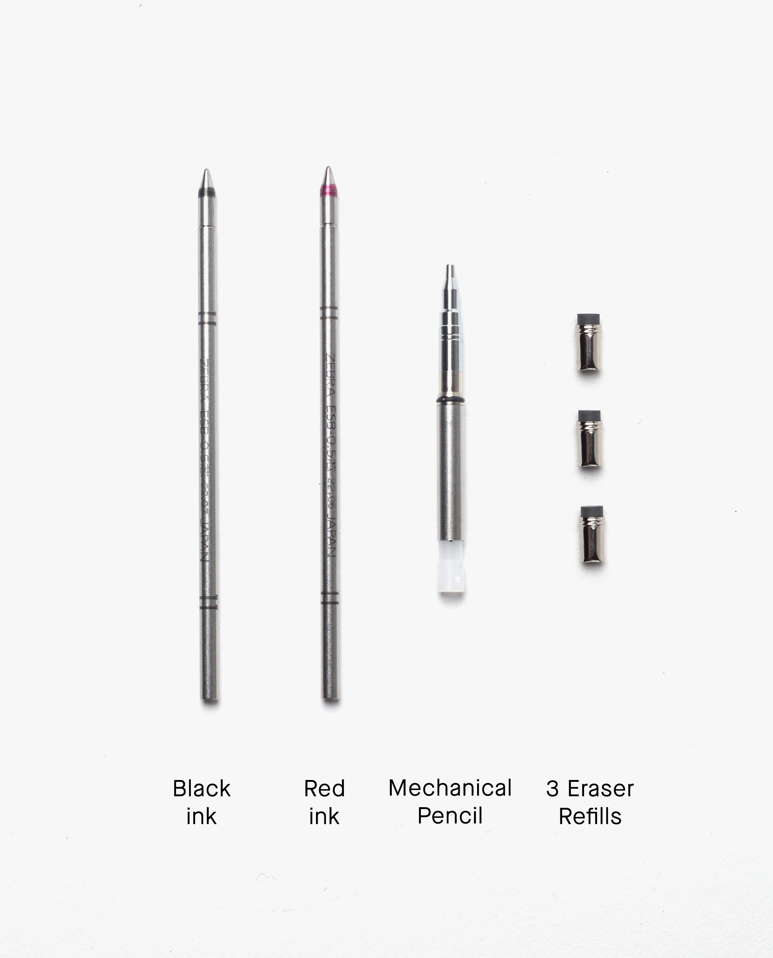 Two Craft Design Technology Multifunctional Pen Refills—one black and one red—accompanied by a 0.5mm mechanical pencil insert and three eraser refills, are neatly arranged on a white background, making them ideal for creative precision and convenient multifunction pen use.