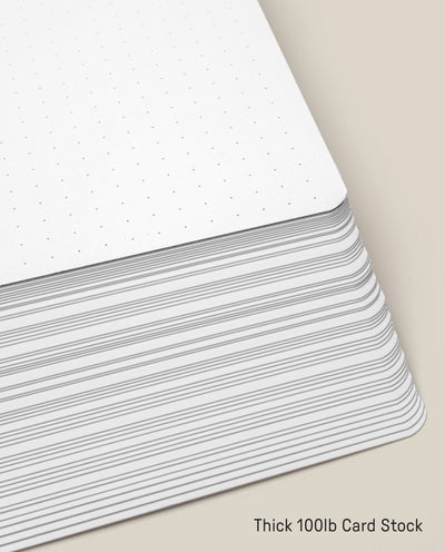 A stack of Analog Dot Grid Cards - Large (1-Pack) features thick, white, rounded-corner cards with a subtle dotted pattern and "Thick 100lb Premium Card Stock" labeled in the bottom right corner on a beige background.