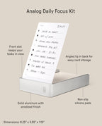 The Analog Daily Focus Kit (Silver Aluminum) features a metal card holder with an upright task card, front display slot, angled storage lip, solid aluminum build, non-slip silicone pads, and listed product dimensions.