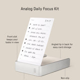 The Analog Daily Focus Kit (Silver Aluminum) features a metal card holder with an upright task card, front display slot, angled storage lip, solid aluminum build, non-slip silicone pads, and listed product dimensions.