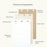 Discbound Analog + 3 Refills includes three stacked notecards labeled Someday, Next, and Today with discbound holes. Compatible with brass disc binding, featuring sturdy cards, task signals, listed quantities, and Made in USA.