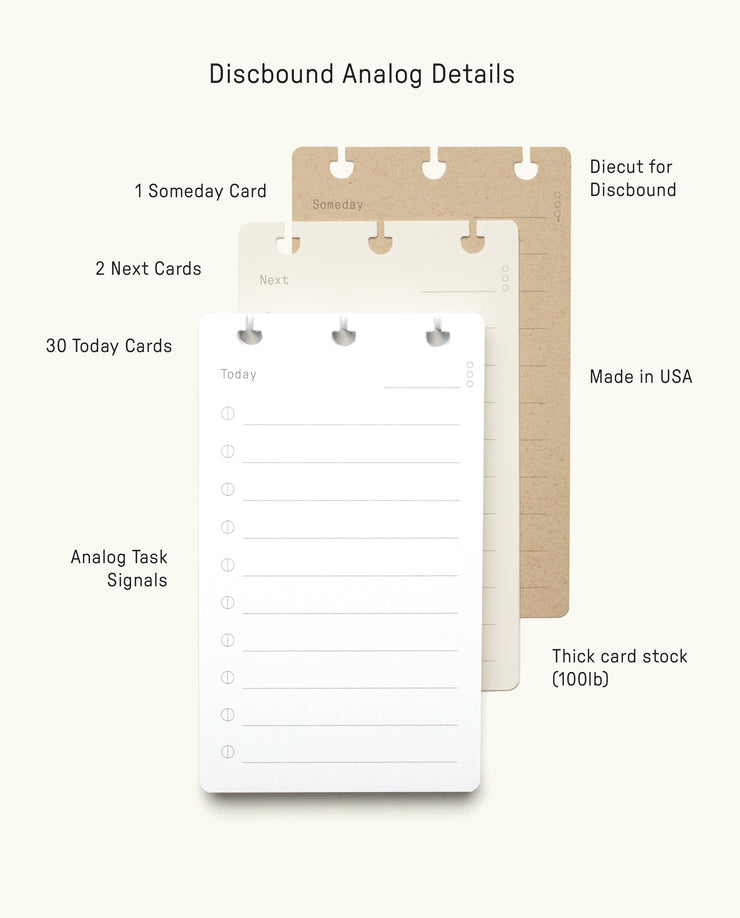Discbound Analog + 3 Refills includes three stacked notecards labeled Someday, Next, and Today with discbound holes. Compatible with brass disc binding, featuring sturdy cards, task signals, listed quantities, and Made in USA.