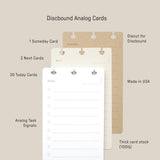 The Discbound Analog Refill (3-pack) includes three stacked cards—Someday (brown), Next (white), and Today (lined)—made in the USA from thick 100lb card stock with diecut for discbound; perfect for Analog Cards systems.