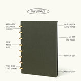 The Discbound Journal (Standard 6"x 8.5") is a dark, spiral-bound, refillable notebook with solid brass discs, thick card stock covers, 70lb smooth white paper, 120 dot grid pages, an embossed logo, and is made in the USA.