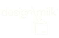 The image shows a minimalist logo for design milk, featuring the words in lowercase and a simple line drawing of a milk carton with a straw. The design is clean and monochromatic.