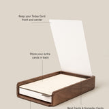 The Analog Daily Focus Kit (Walnut) keeps your Today task card visible, stores extra cards in back, slides completed cards below, and holds Next & Someday Cards on top of the divider for easy access—perfect for your analog productivity system.