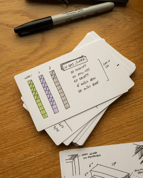 A pack of Analog Dot Grid Cards - Small (1-Pack) sits on a wooden table, the top card displaying a weekly workout plan and notes; ideal for analog planning. A black Sharpie marker rests nearby.