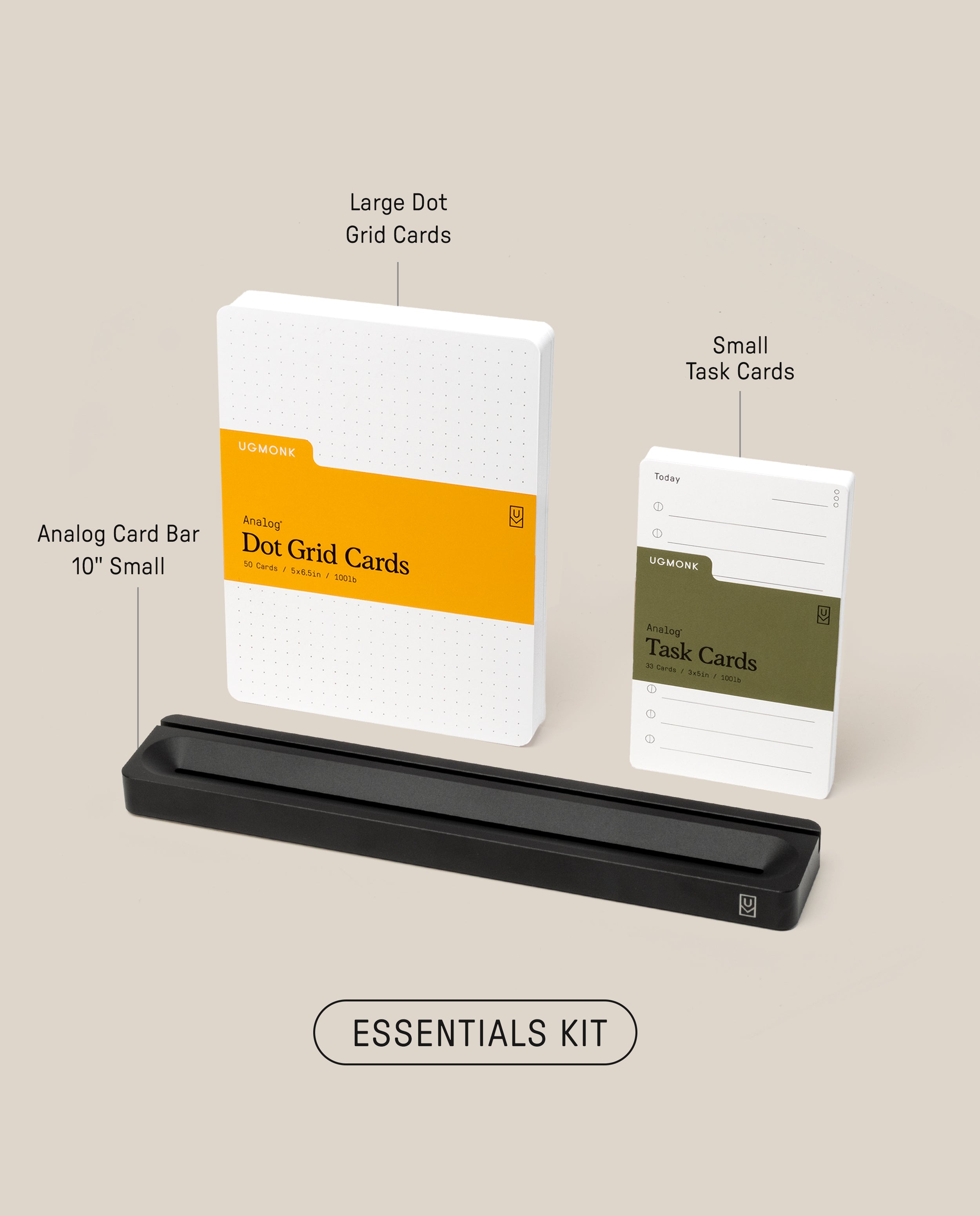 The Analog Card Bar - Essentials Kit (Black Aluminum), featuring large dot grid cards, small task cards, and a 10-slot small black card bar—perfect as a stylish desk organizer—is arranged on a light beige background.