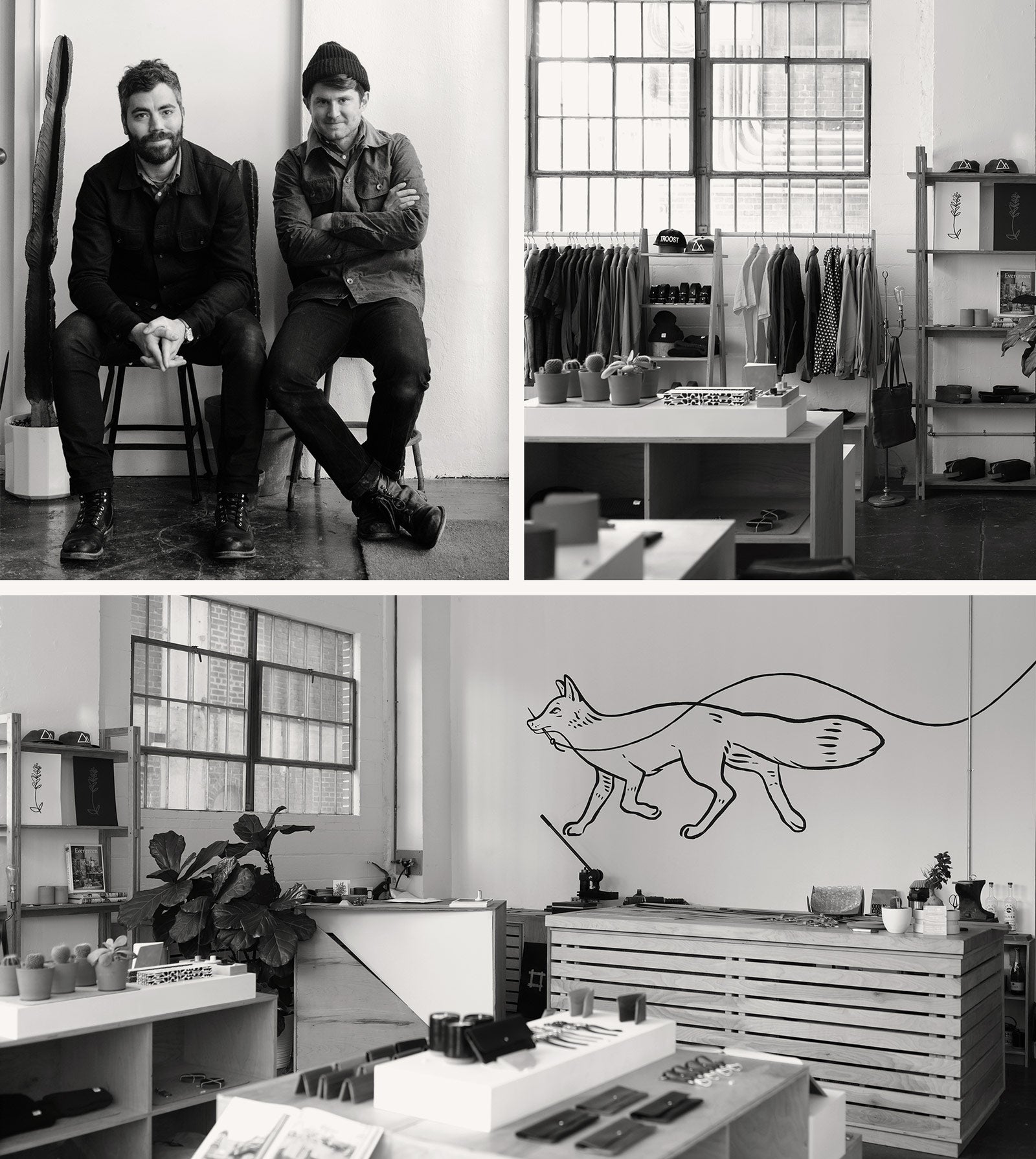 A black-and-white image collage shows two men sitting in a stylish store with shelves of clothes, plants, and pottery. The interior features a large fox mural on the wall and displays neatly arranged goods.