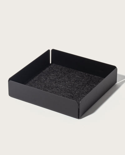 The Gather Large Tray (2x2 - Black) features a felt-lined interior, low straight sides, and a magnetic bottom. Shown here in black on a white background.