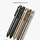 Five INVENTERY Bolt Action Pens are displayed side by side in Zirconium, Onyx (matte black Cerakote), Brass, Olive Green, and Stainless (Stainless Steel Pen) finishes, each labeled with its respective name below.