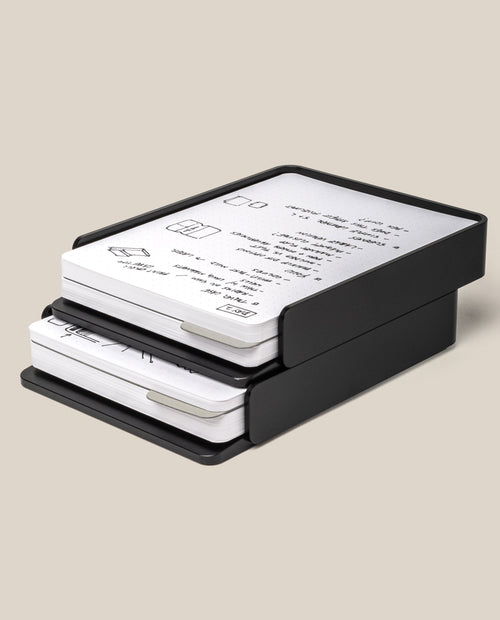 The Analog Capture Kit - 2 Large (Black Aluminum) is a black, two-tiered organizer tray holding paper stacks and dot grid cards with handwritten notes and diagrams, shown against a neutral background.