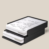 The Analog Capture Kit - 2 Large (Black Aluminum) is a black, two-tiered organizer tray holding paper stacks and dot grid cards with handwritten notes and diagrams, shown against a neutral background.