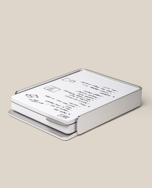 The Analog Capture Kit - Large (Silver Aluminum) features a sleek silver aluminum card tray holding large dot grid cards with black text and simple diagrams, displayed on a neutral beige background.
