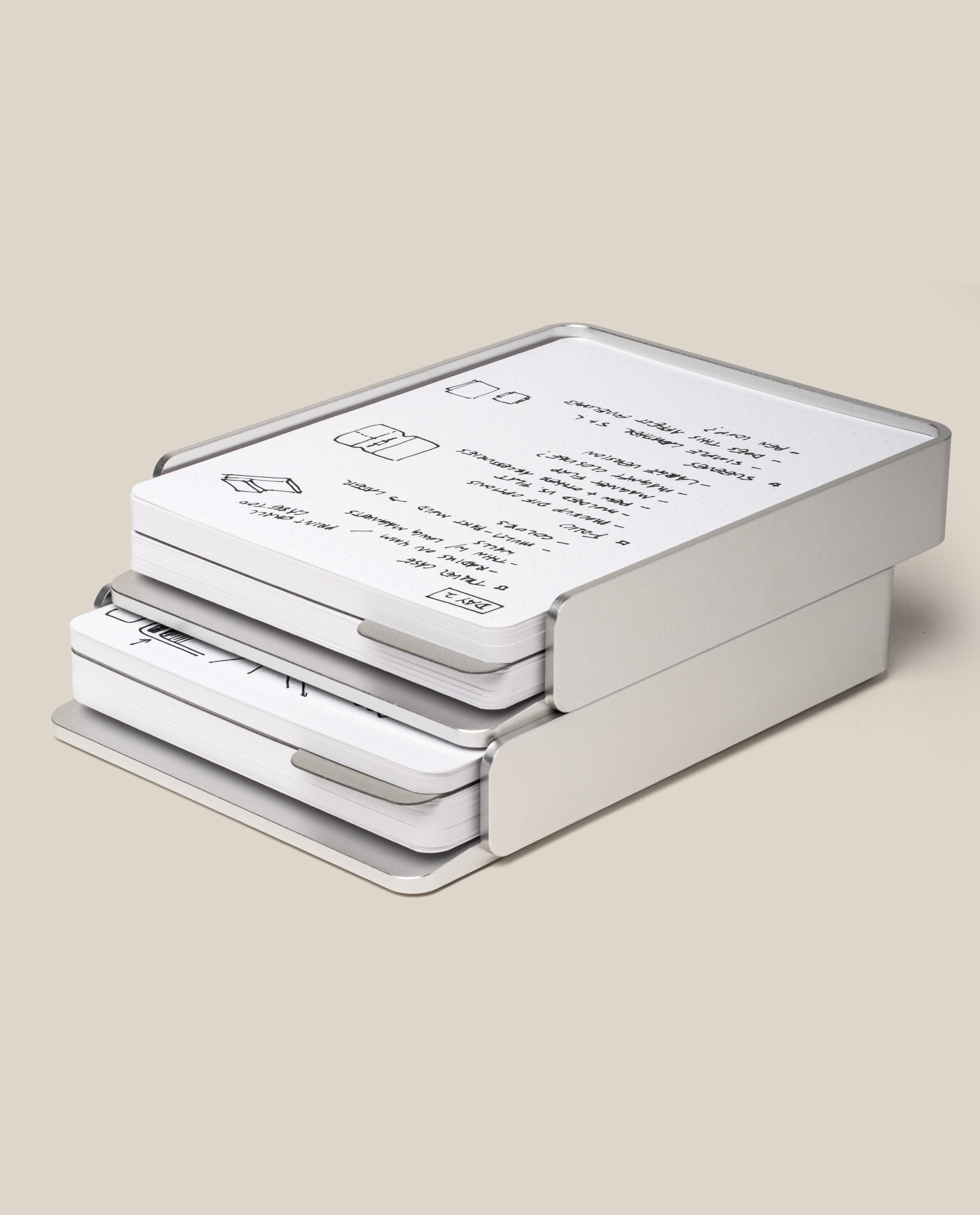 The Analog Capture Kit - 2 Large (Silver Aluminum) features two aluminum card trays holding white index cards with black text and line drawings, displayed on a light beige background.
