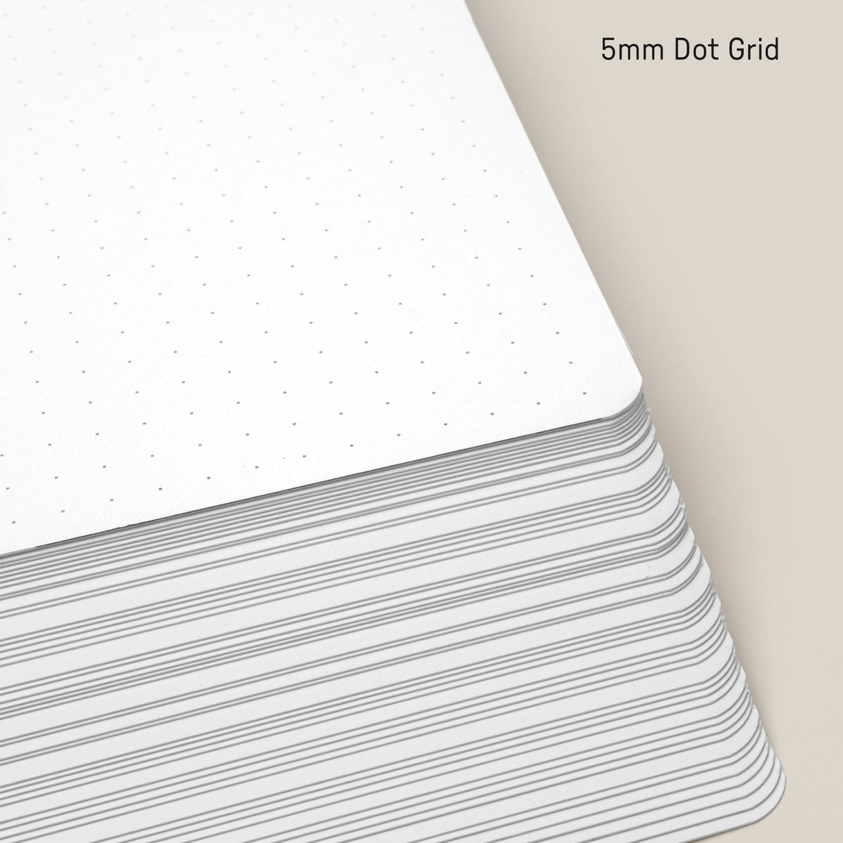 A stack of white paper sheets with a 5mm dot grid pattern is shown from an angle. The dots form a subtle, even grid across each page. 5mm Dot Grid is labeled in the upper right corner.