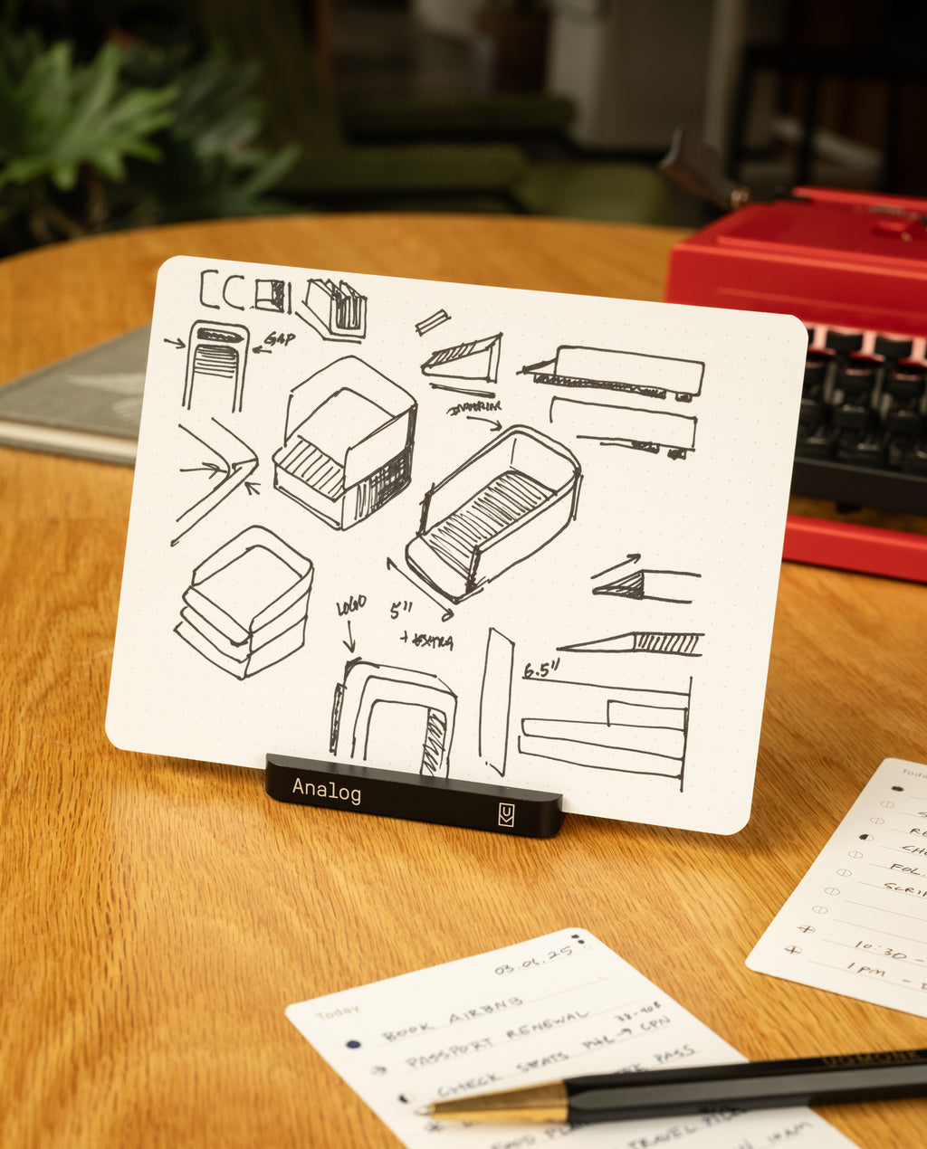 An Analog Starter Kit (Black) card—featuring black ink sketches of stackable containers—rests in its aluminum card stand on a desk beside a red typewriter, a plant, and handwritten notes, evoking the charm of a paper card system.